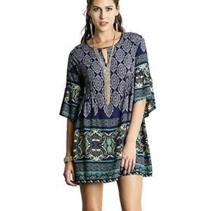 Umgee Women's Tunic Top/Dress Medium Oversized Paisley Bell Sleeve Keyhole